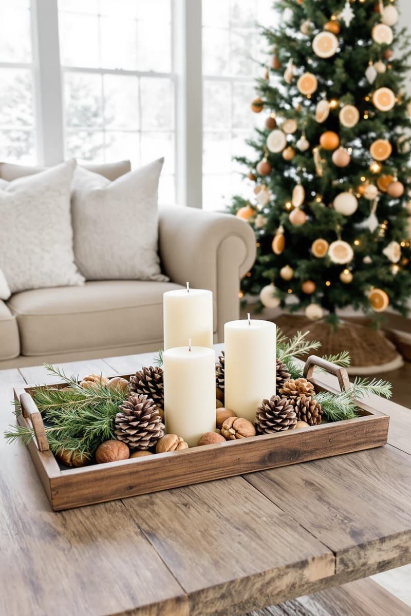 17. Pinecones, Candles, And Walnuts On A Rustic Tray