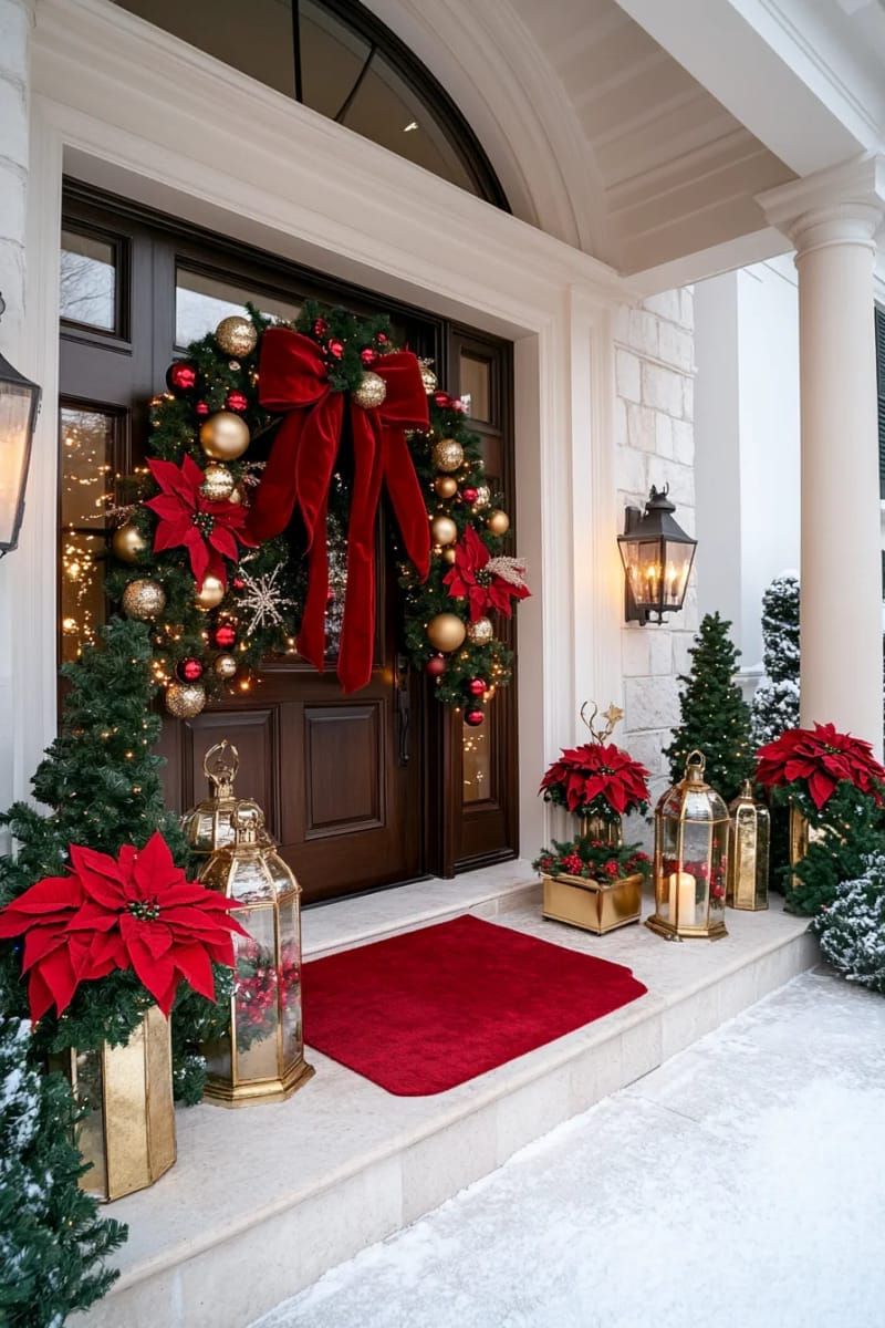 1. Red Velvet Bows Paired With Gold Bauble Garland