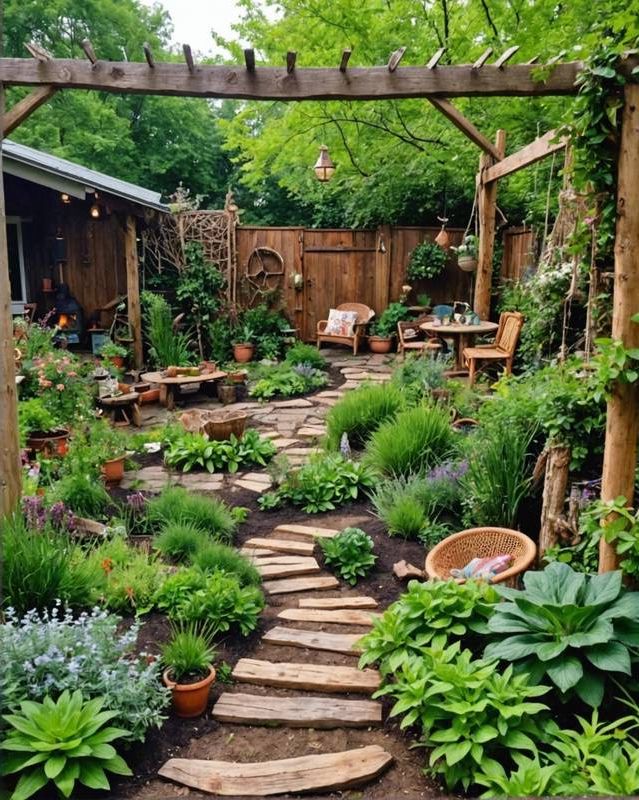 Earthy Garden Using Natural Materials And Organic Shapes