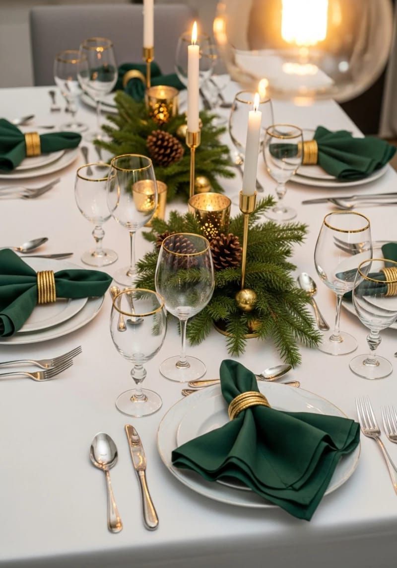 15. Gold-rimmed glassware with deep green napkins