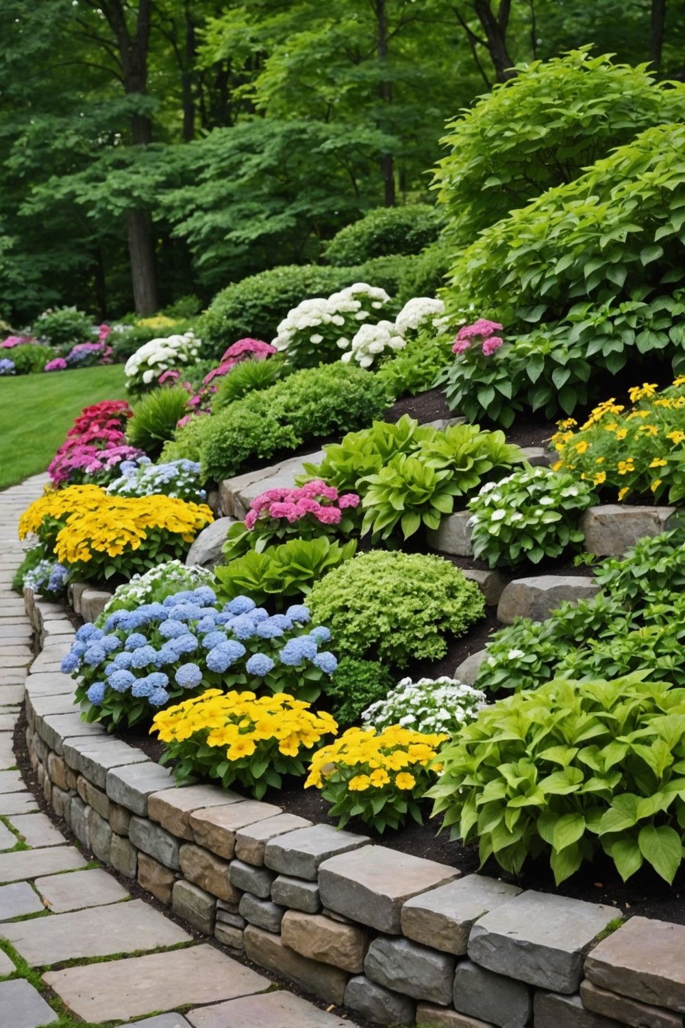 Fieldstone Wall with Flower Beds
