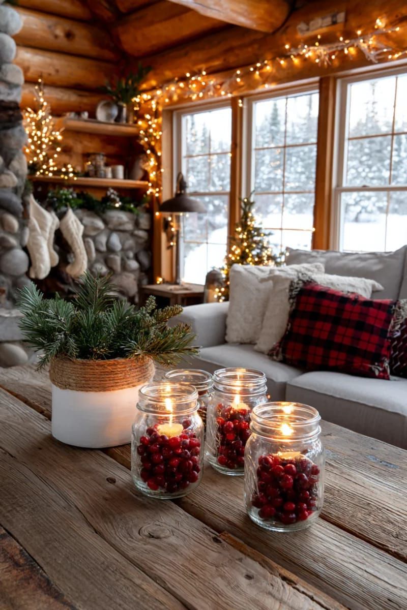 5. Twine-Wrapped Mason Jar Candle Holders with Cranberries