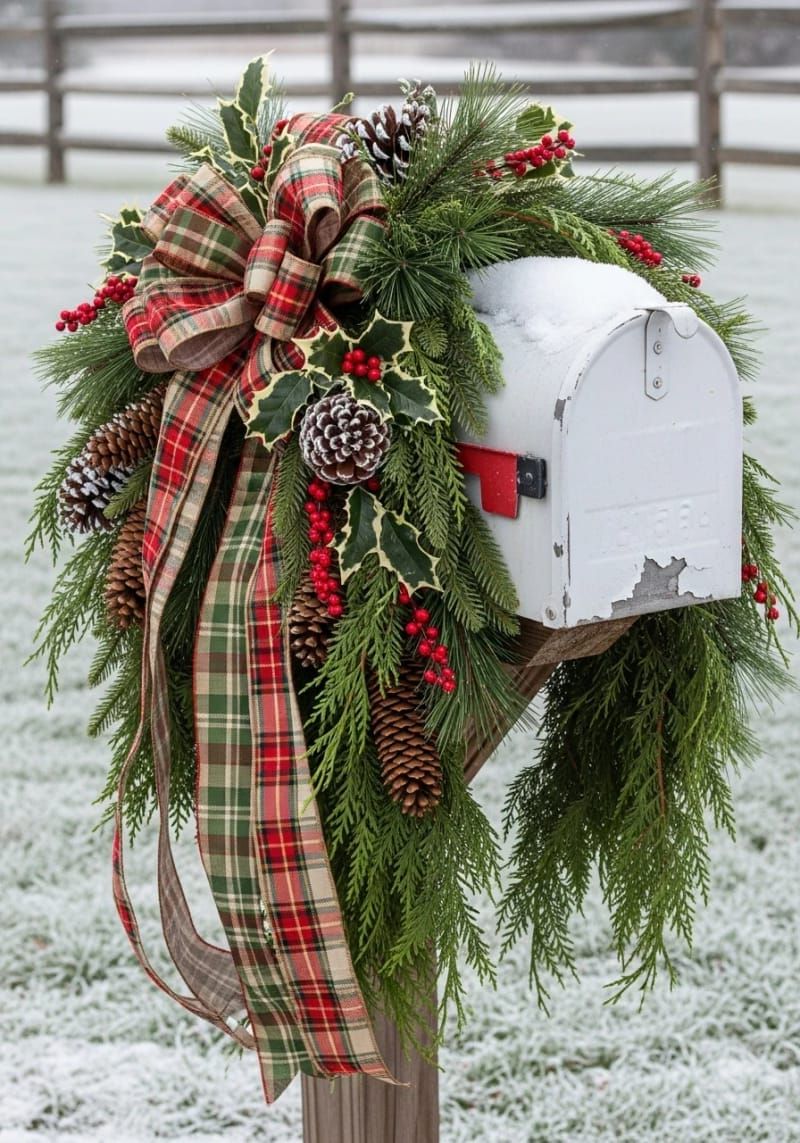22. Mailbox Décor With Plaid Ribbon and Pinecones - photo 2