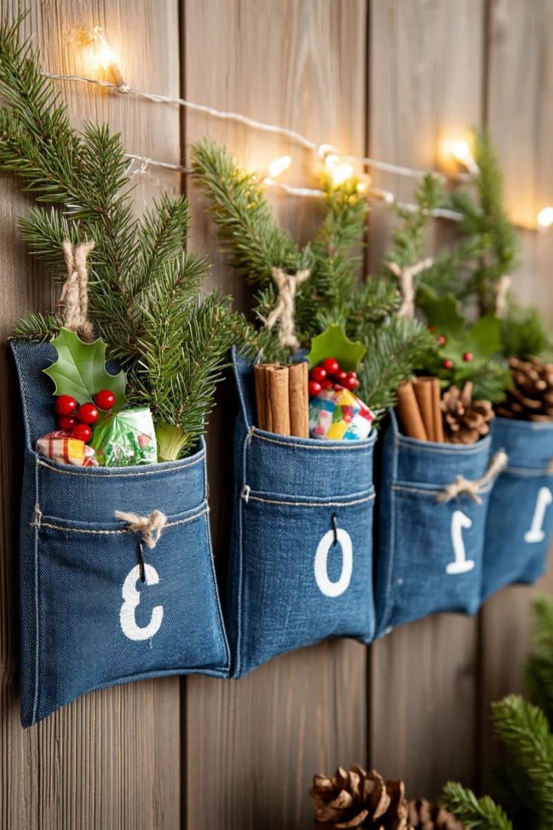 14. Fabric pocket advent calendar featuring stitched numbers and sweet surprises
