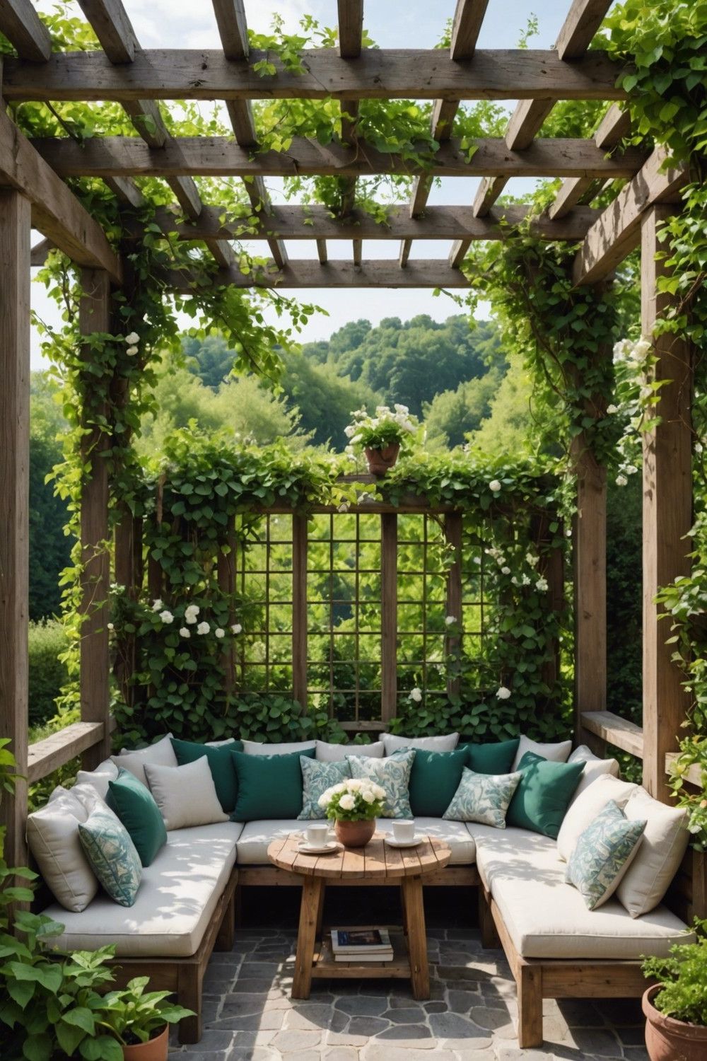 Lush Greenery-Covered Corner Pergola