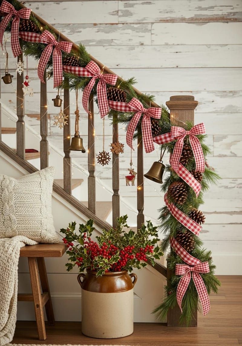 28. Gingham Ribbon Garland On Banister - photo 2