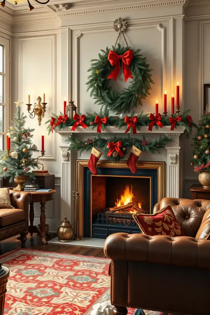 Classic Wreath and Candle Fireplace Decor