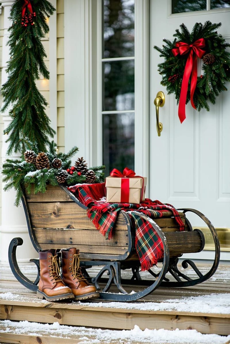 28. Porch sled styled with plaid blankets and pine sprigs - photo 4