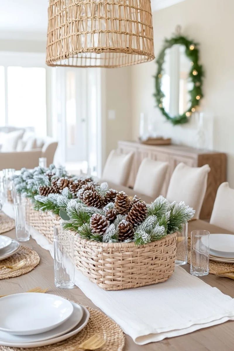 9. White-Dusted Pinecones in a Basket