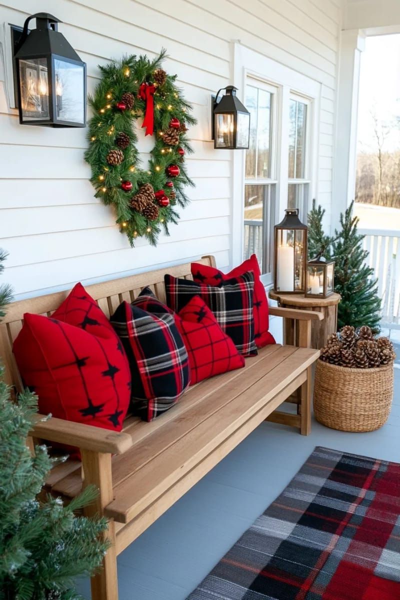 3. Cozy seating with plaid cushions and garland