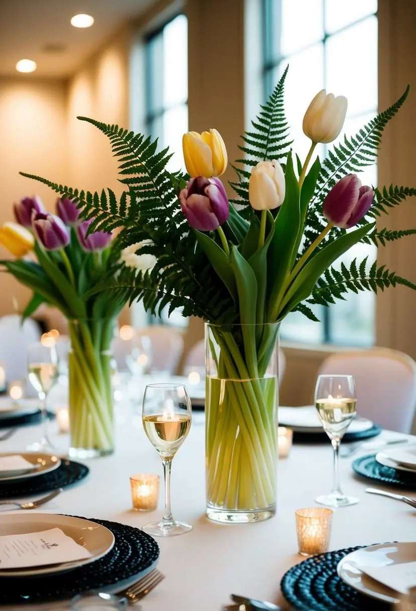 6) Low Tulip and Fern Centerpieces
