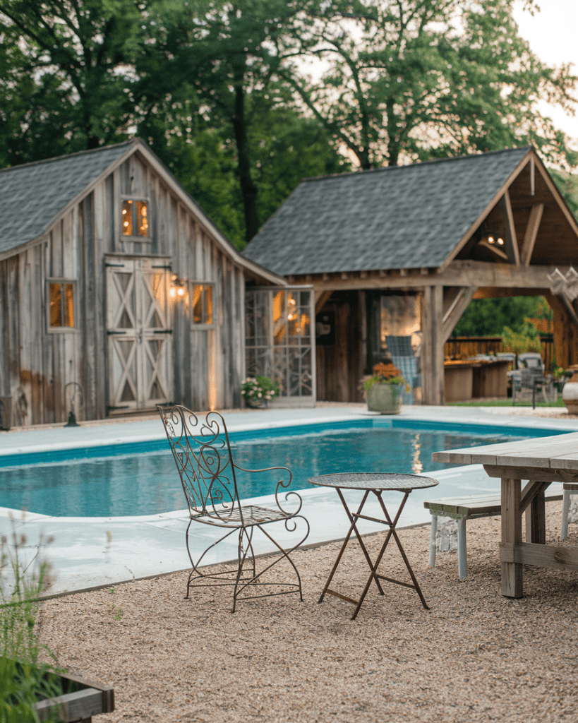 14. Farmhouse-Style Pool with Barnwood Accents
