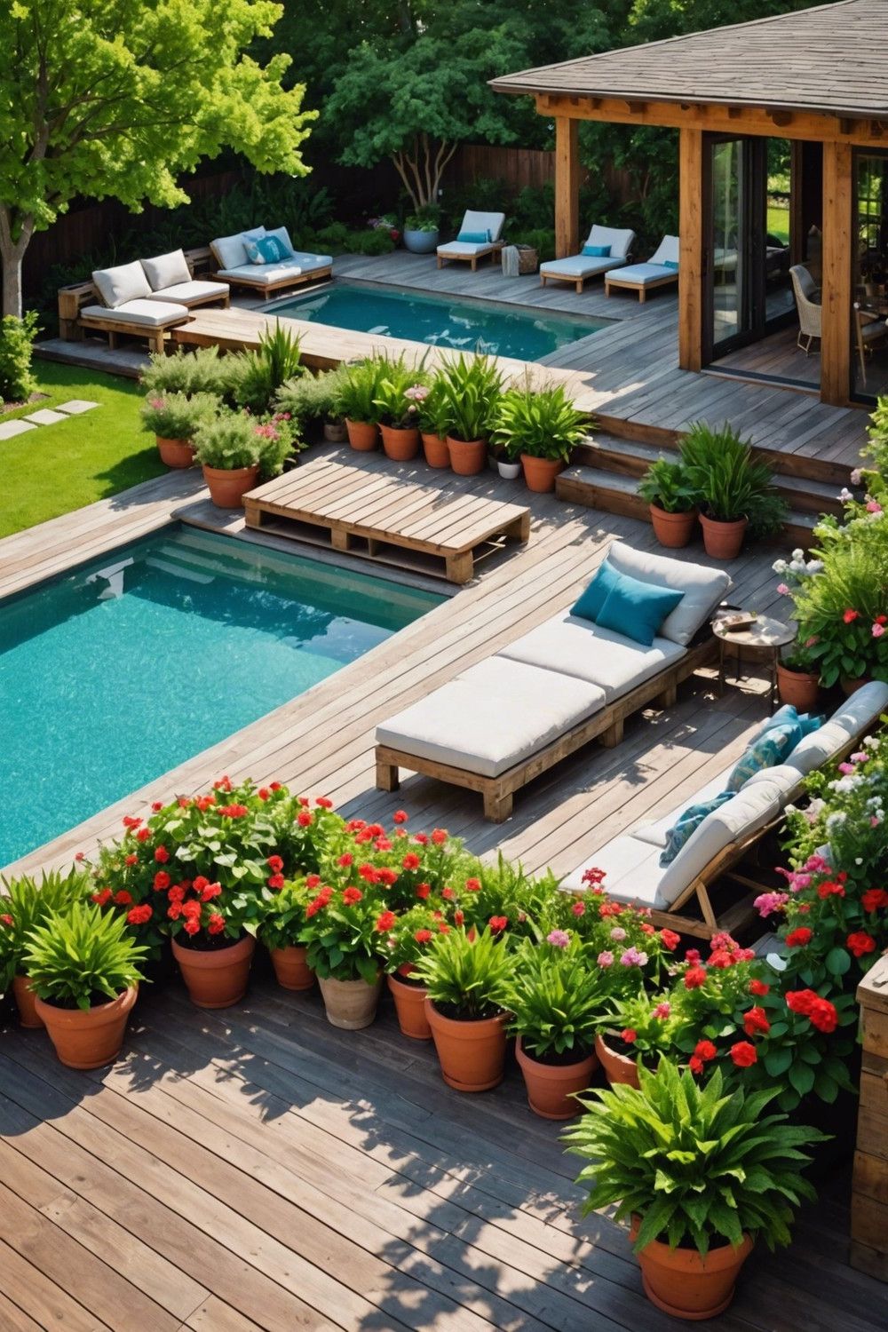 Pallet Pool Decks Featuring Built-in Planters