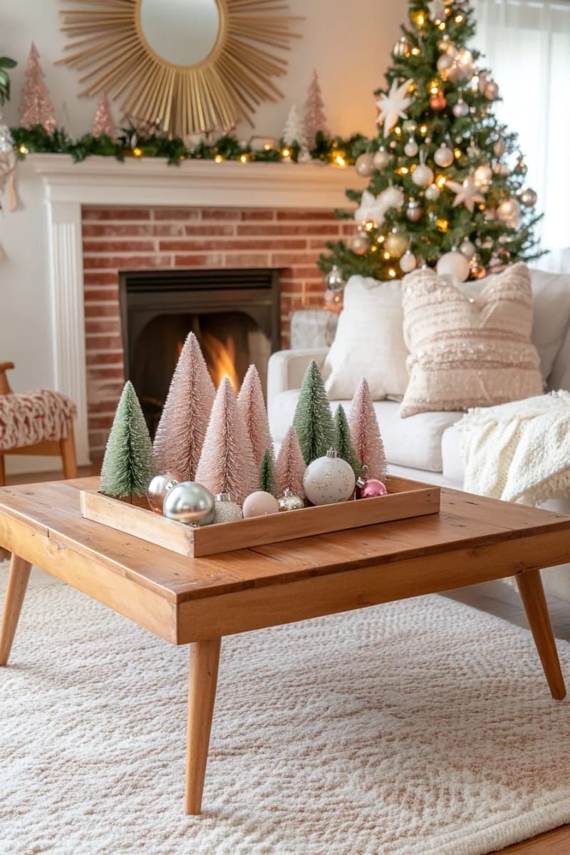 7. Pastel Bottle Brush Trees on a Wooden Tray