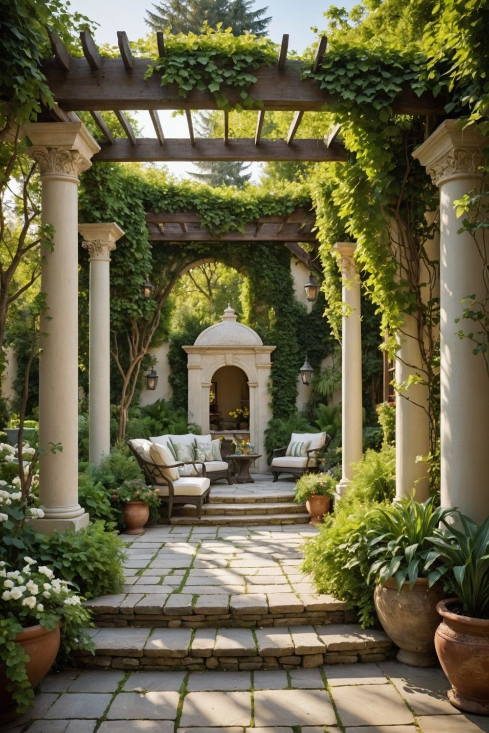 Wide Steps With Pergola Entrance