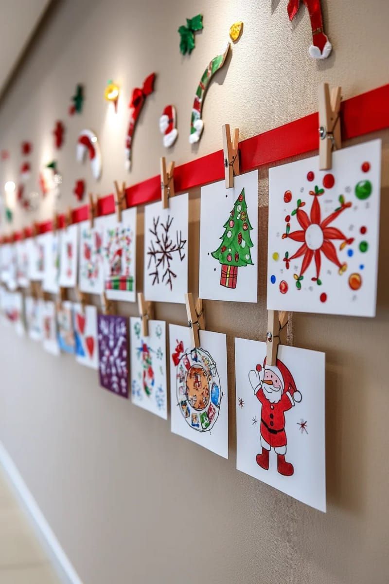 23. Holiday card arrangement with red ribbon and small clothespins on the wall