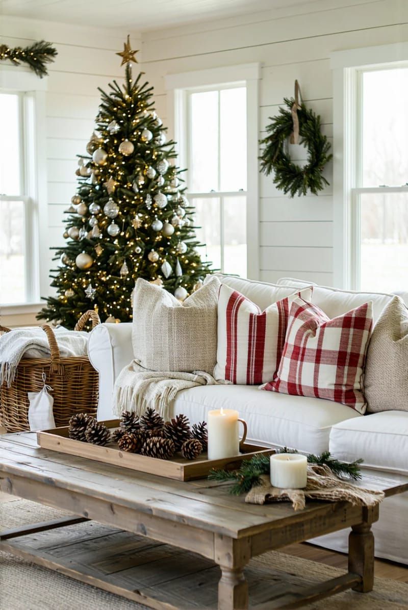 14. Red Striped Pillows On Slipcovered Sofa