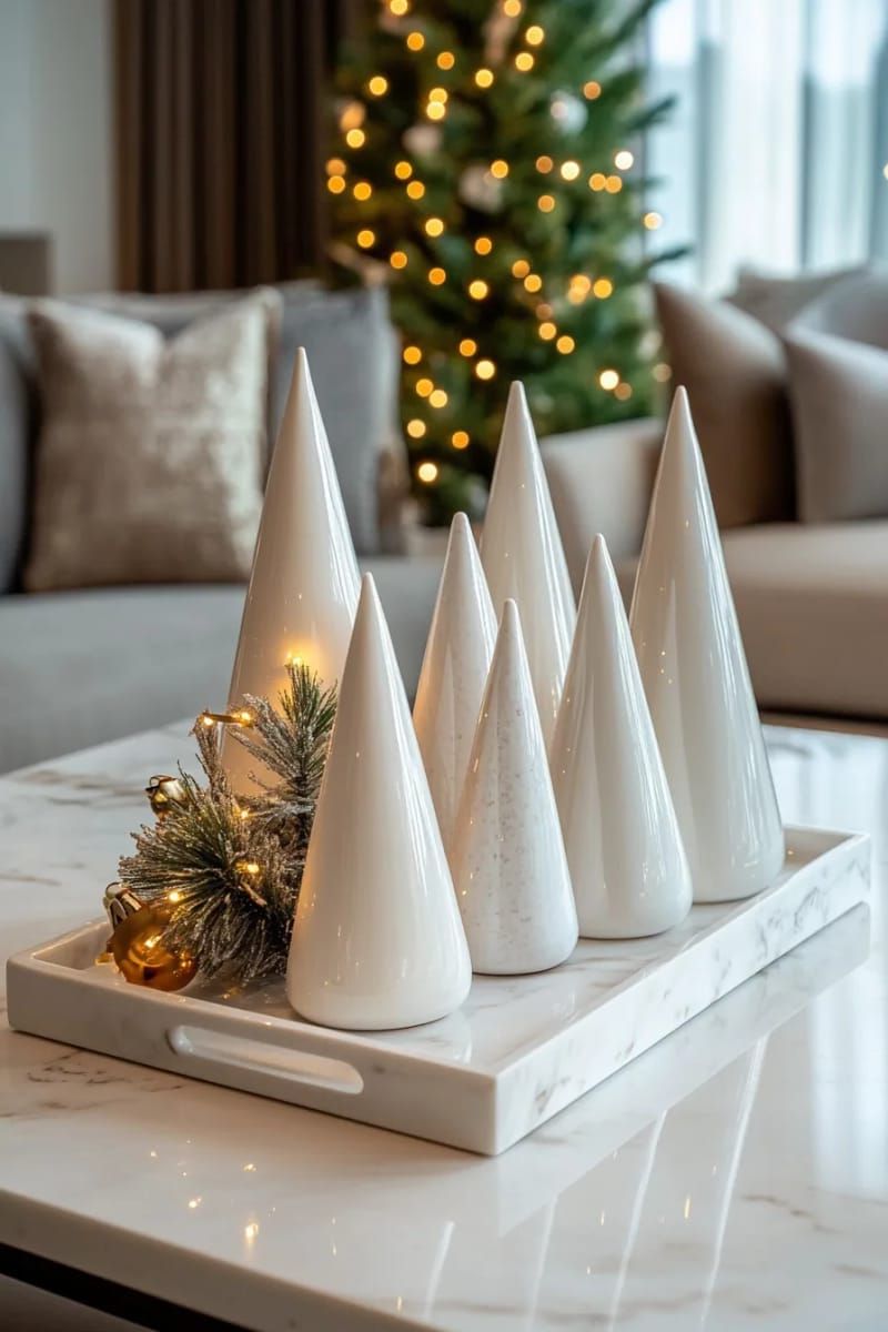 21. White Ceramic Trees Arranged On A Marble Tray