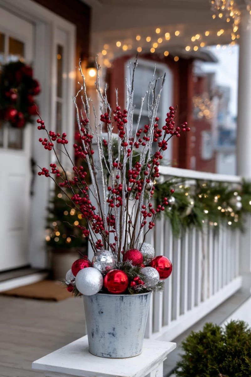 6. Silver branch planter with red berries and ornaments - photo 2