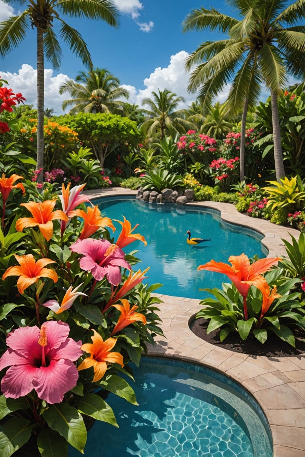 Exotic Flower Beds Around the Pool