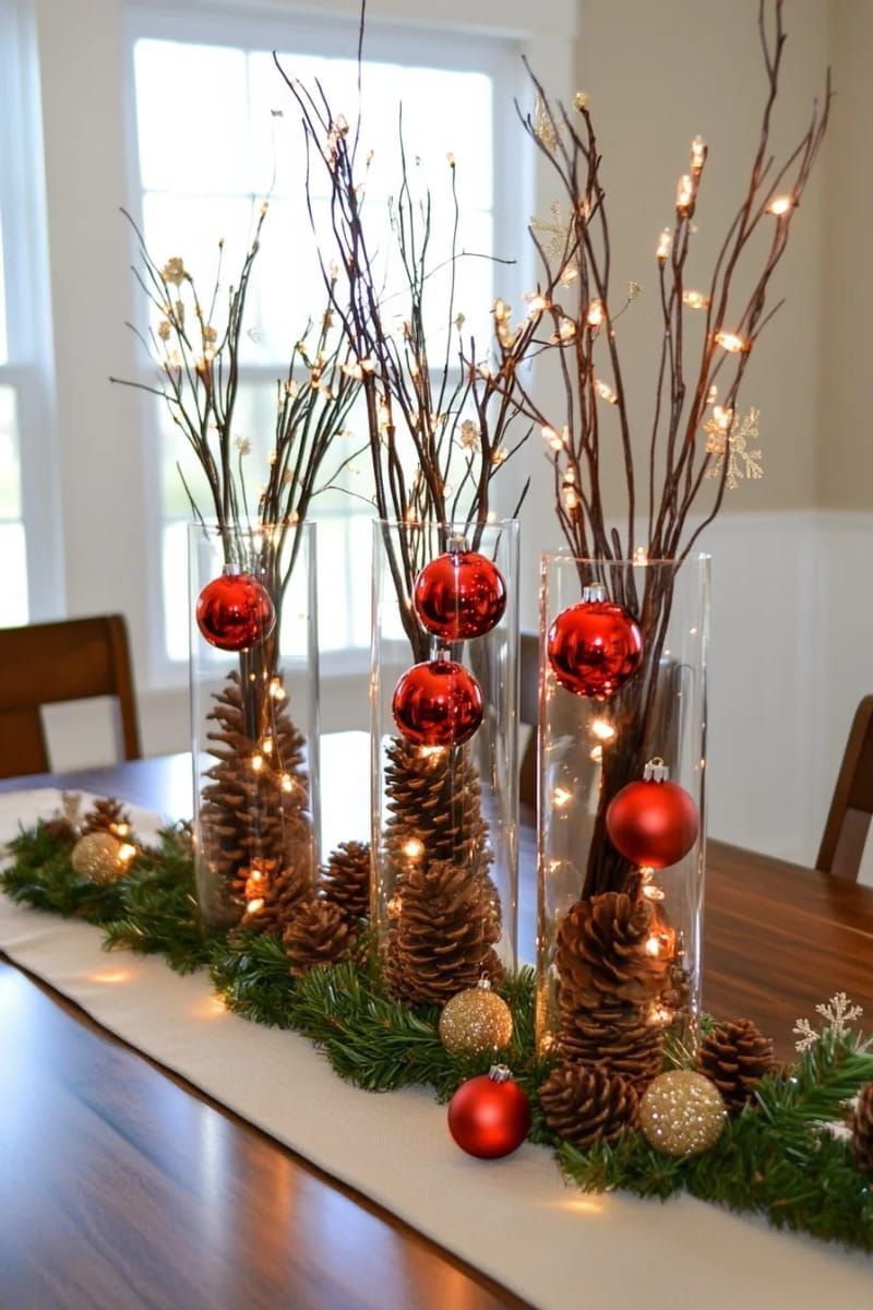 2. Tall Vases With Pinecones and Fairy Lights