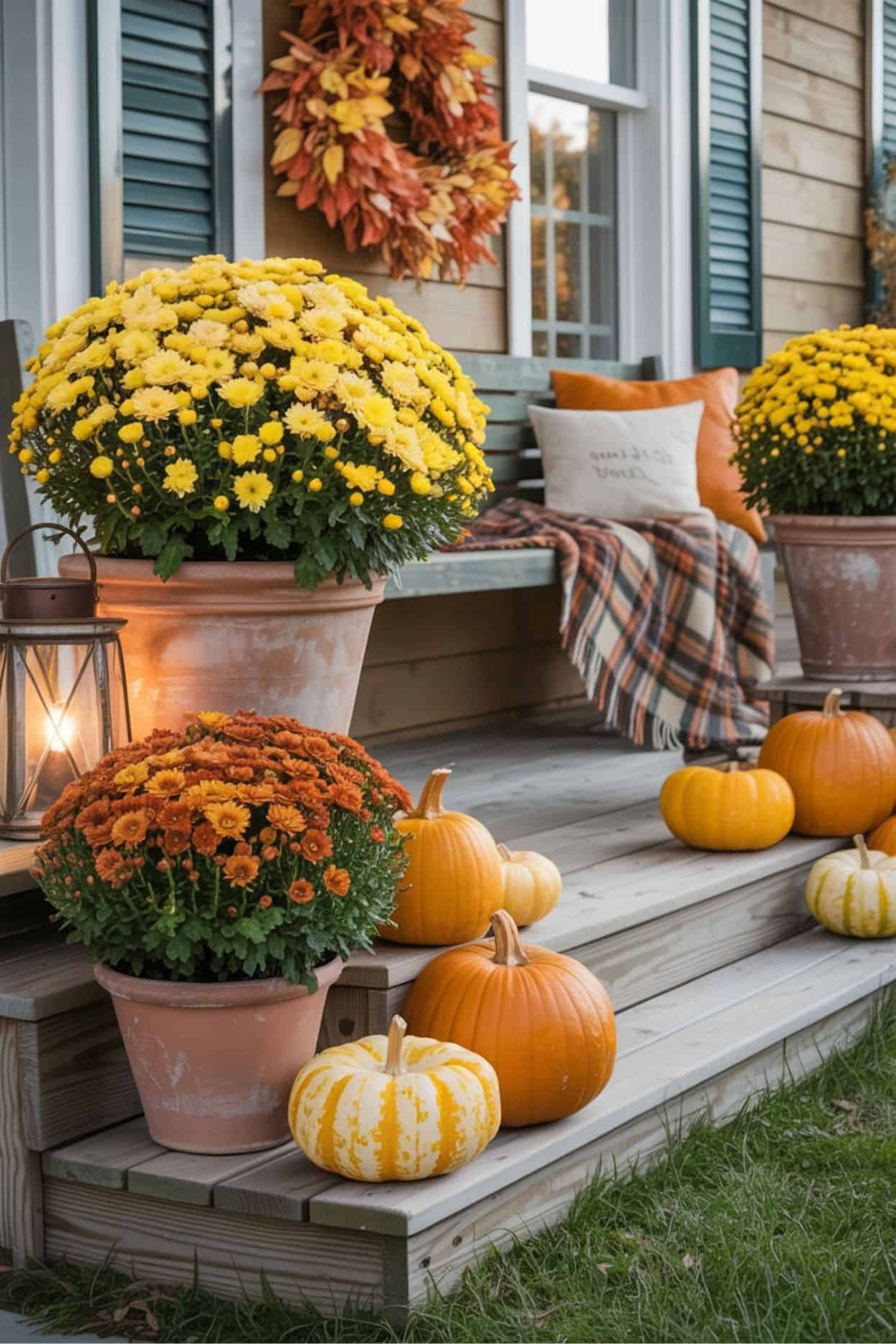 Porch Steps Decked with Fall Mums and Pumpkins