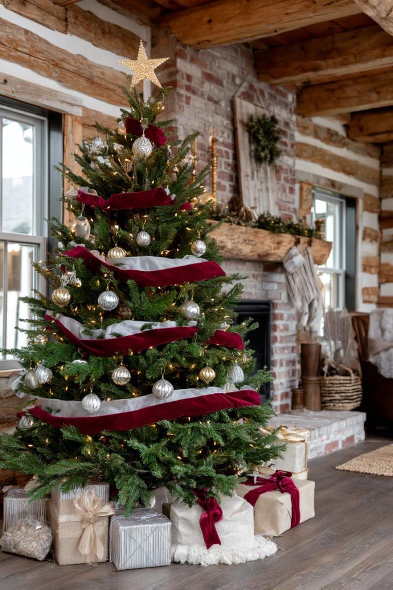 1. Flowing velvet ribbon waves for elegant tree styling