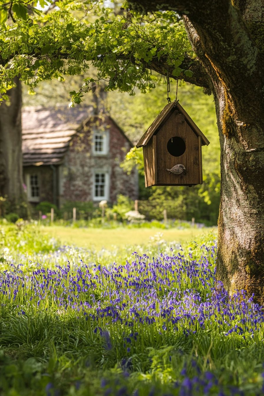 18. A Birdhouse Above Blooming Bluebells