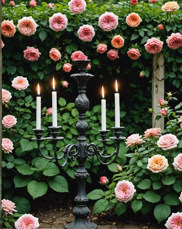 Romantic Garden With Candelabra And Rose Bushes