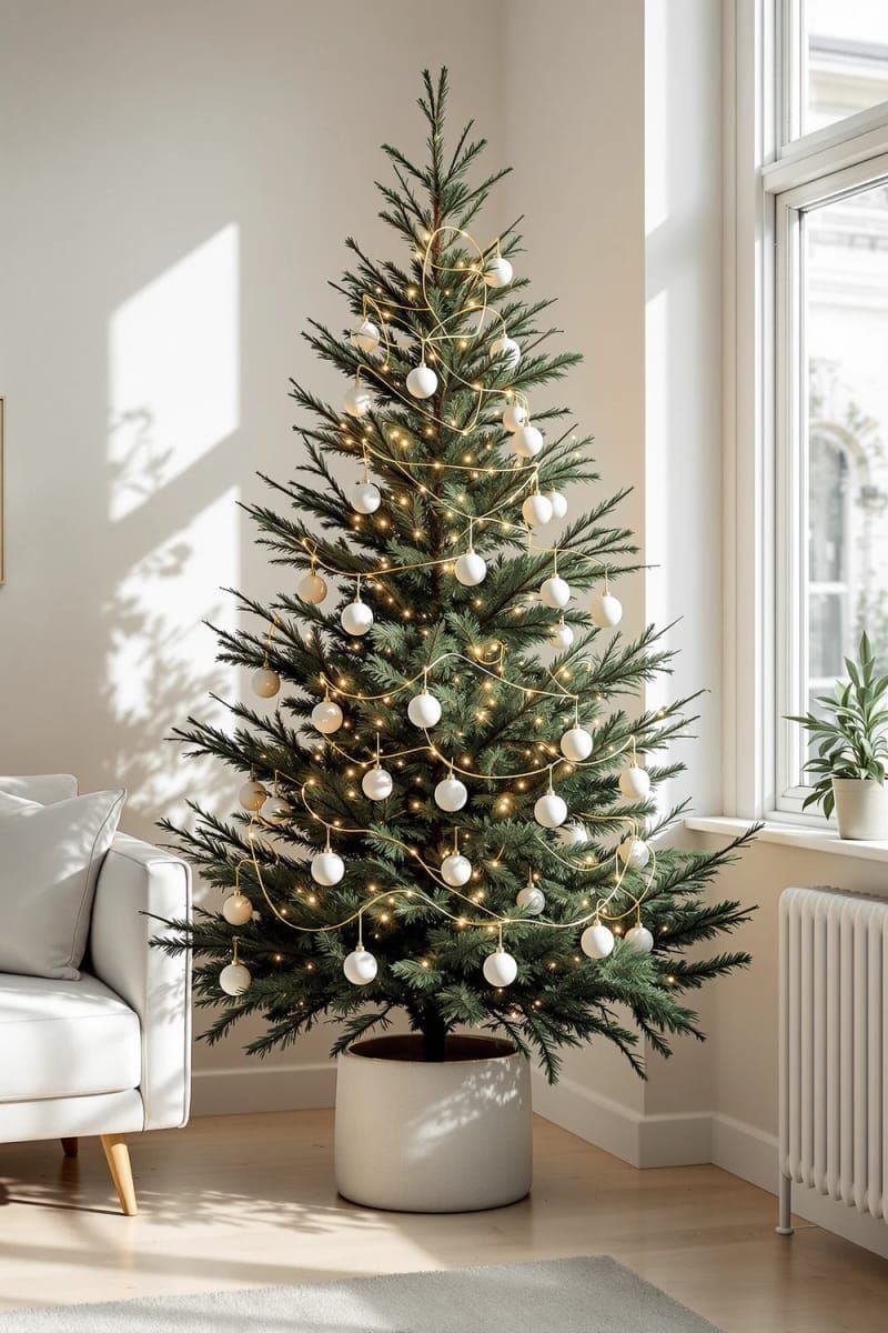 14. Simple Christmas tree adorned with white decorations and gentle warm string lights - photo 2