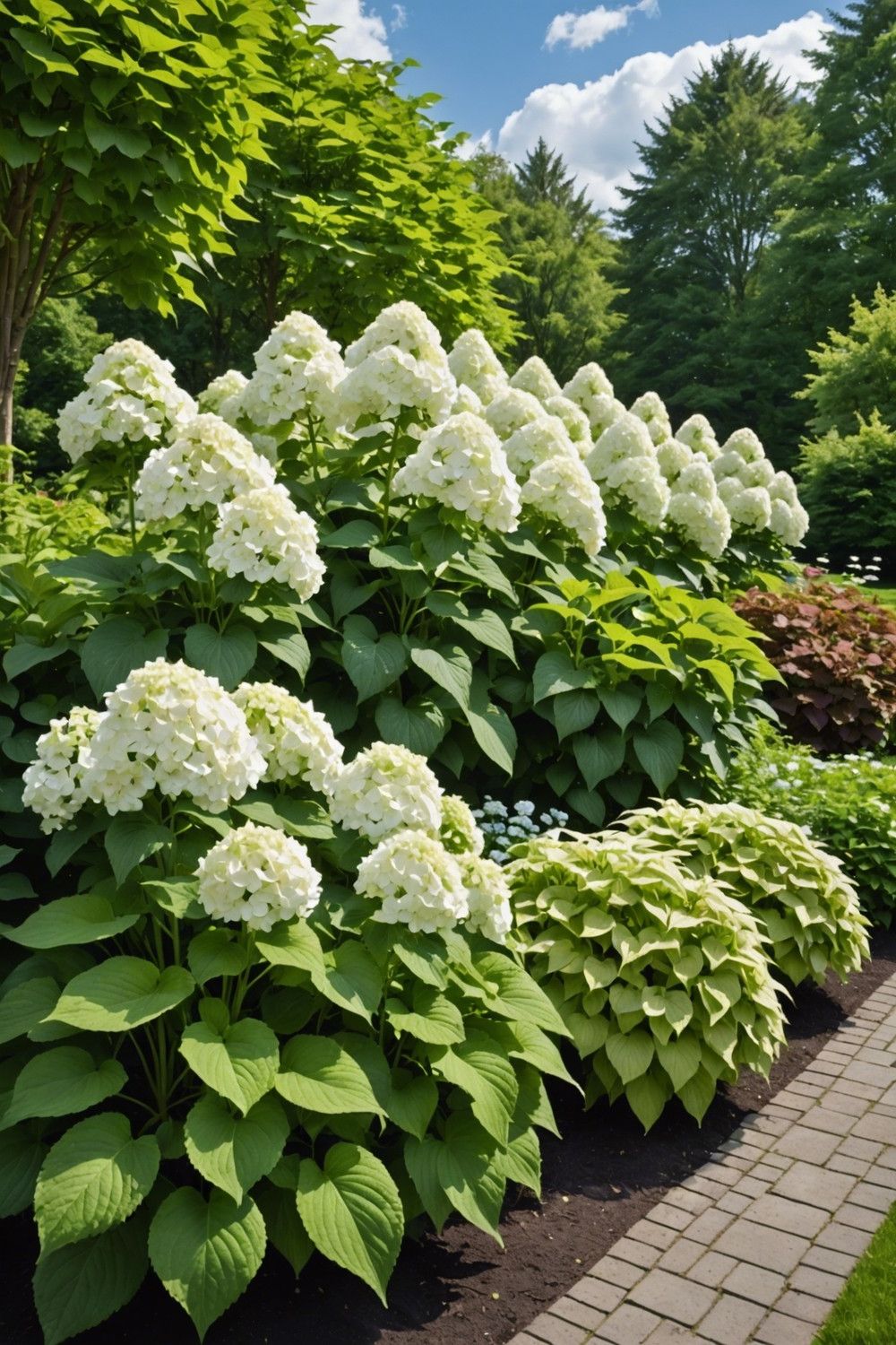 Bright Border Pairing with Panicle Hydrangeas and Solid Hostas