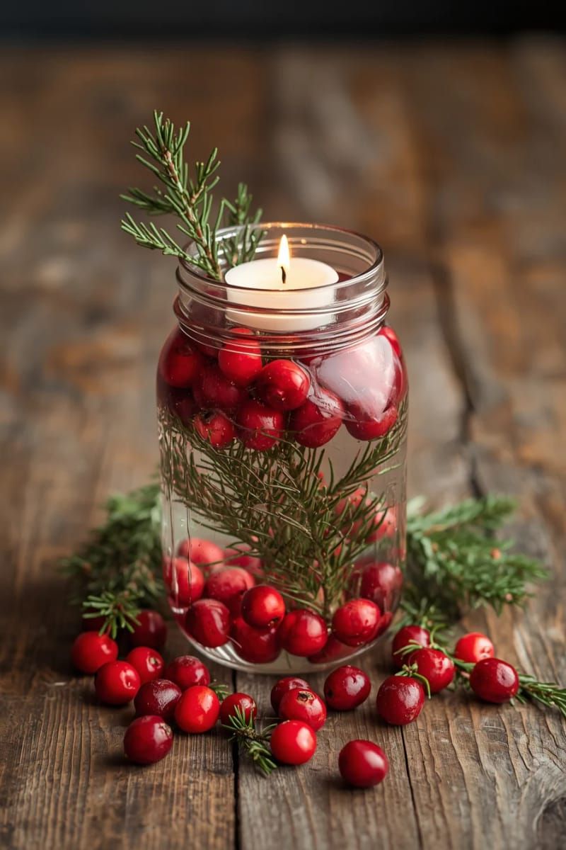 1. Mason Jar with Cranberries and Pine