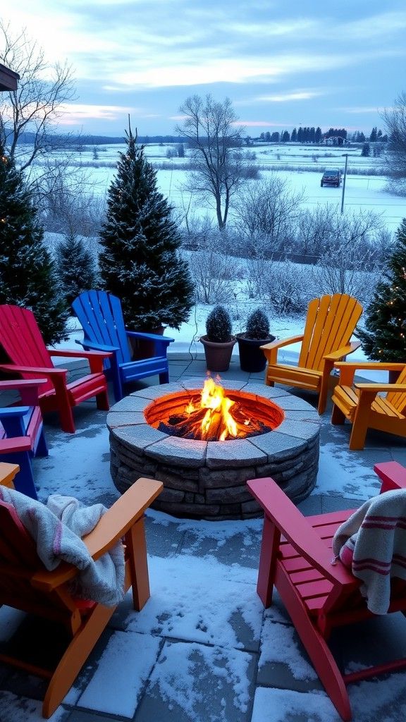Colorful Adirondack Chairs Around the Fire Pit