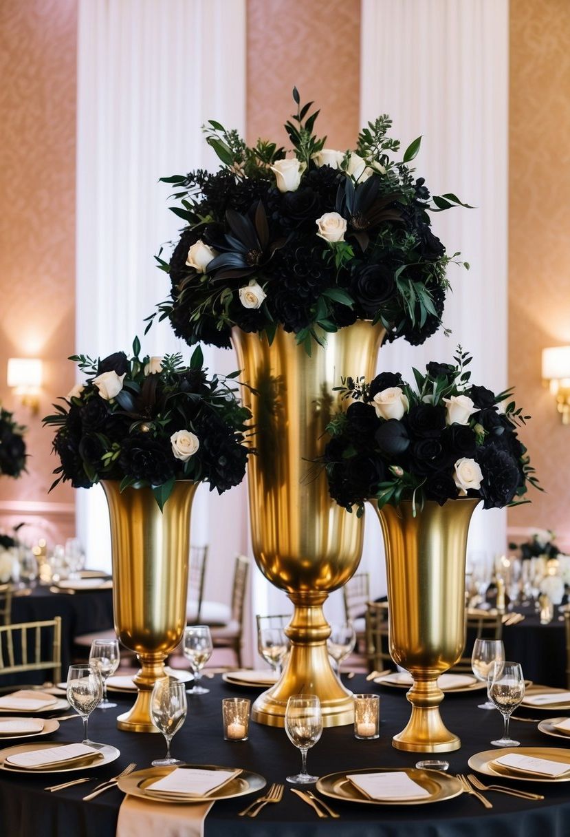 12) Gold vases with black floral arrangements