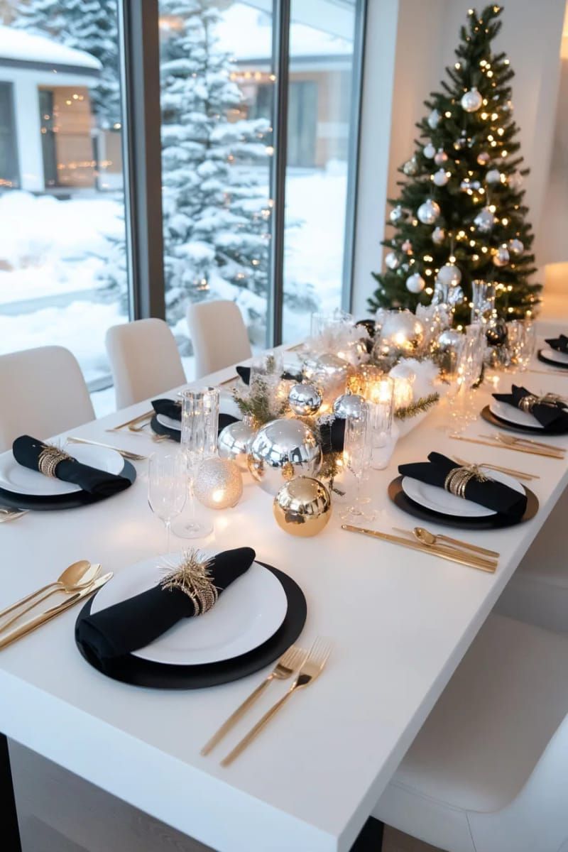 10. Modern Table Setup: White, Black, and Metallics