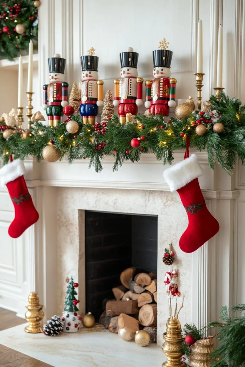 22. Painted Wooden Nutcrackers as a Mantel Centerpiece