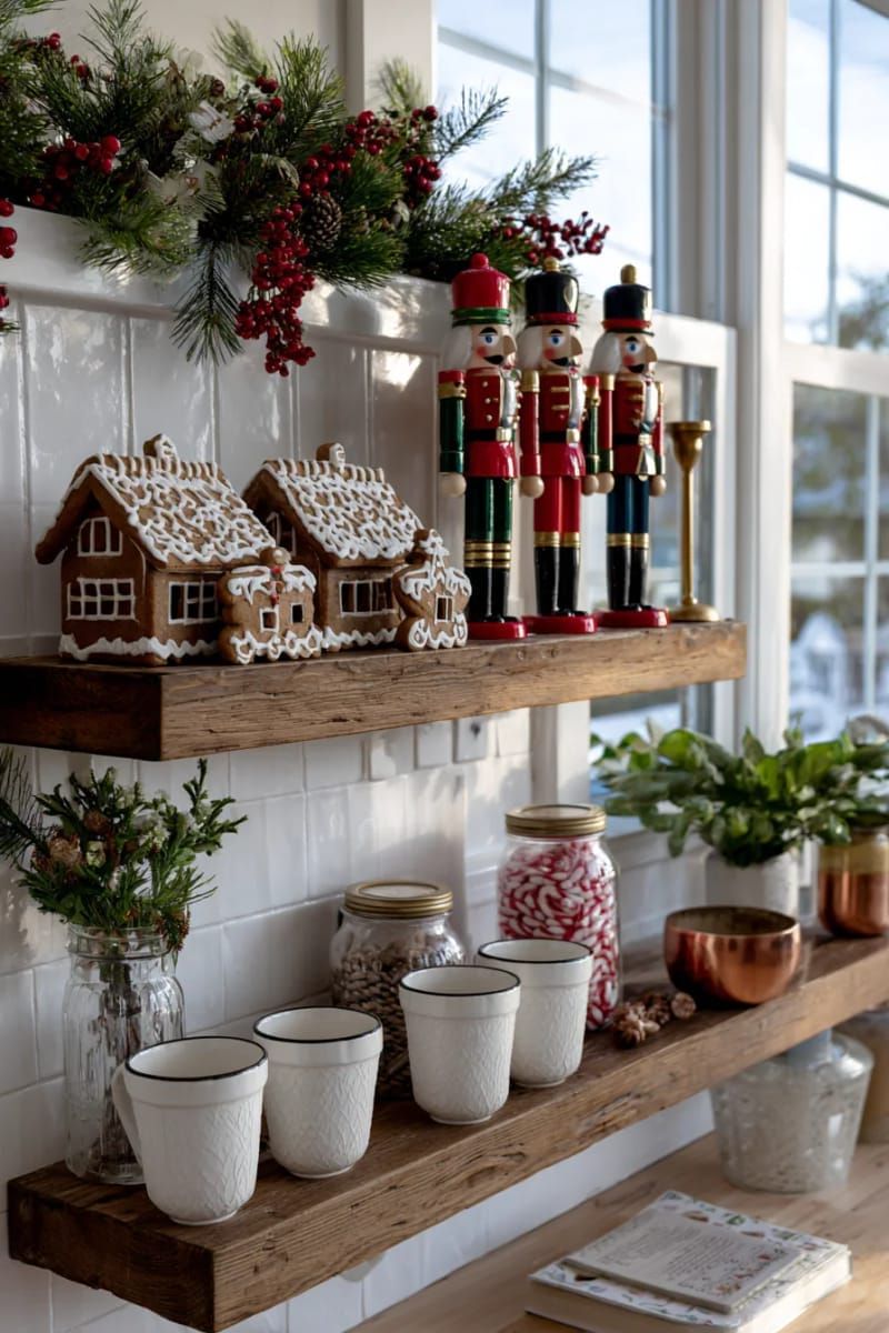 7. Farmhouse kitchen shelves decorated with nutcrackers, gingerbread, and greenery - photo 2