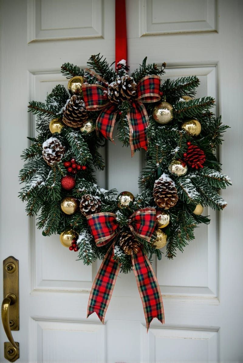 4. Plaid Wreath With Gold Ornaments and Ribbon