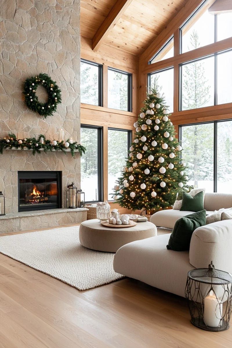 14. Simple Christmas tree adorned with white decorations and gentle warm string lights
