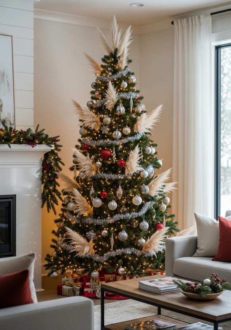 8. Pampas grass plumes mixed with classic ornaments