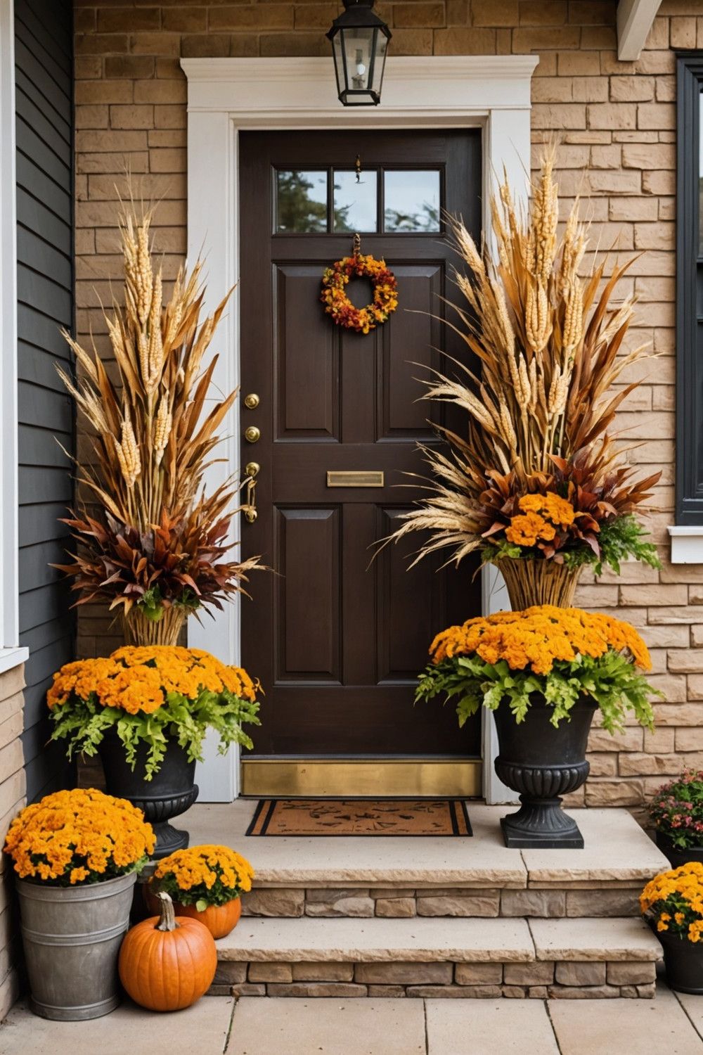 Rustic Planters with Dried Corn and Wheat