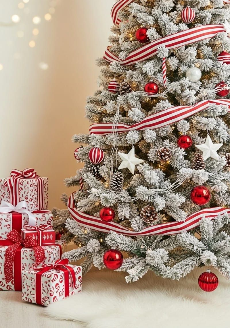 24. Striped red and white ribbon garland on a white tree - photo 3