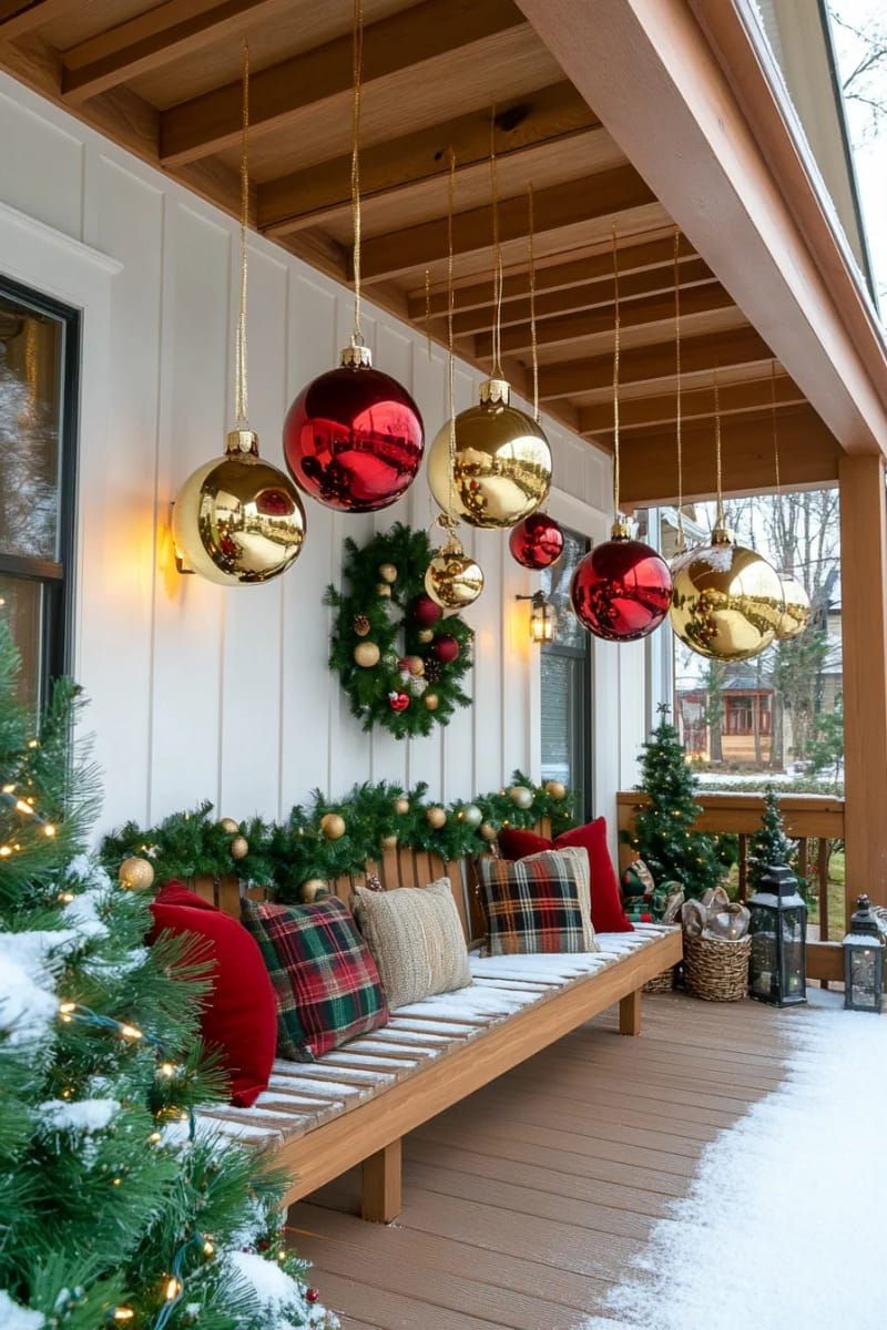 16. Oversized Ornaments Hung From Porch Beams
