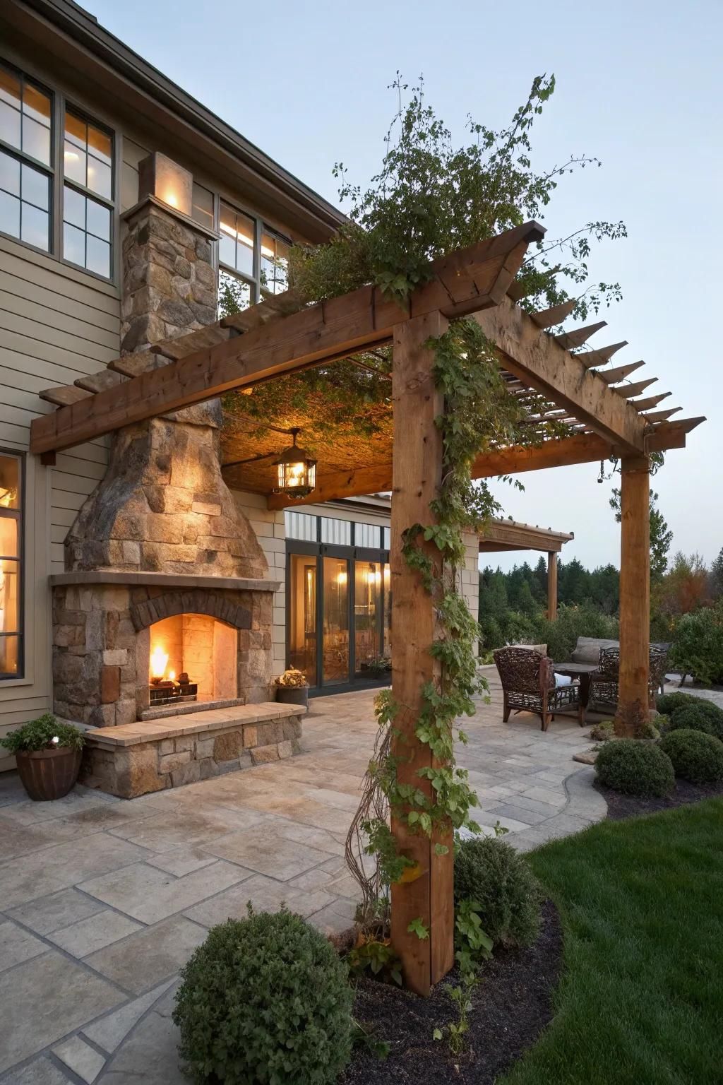 15. A Pergola Built Around a Fireplace