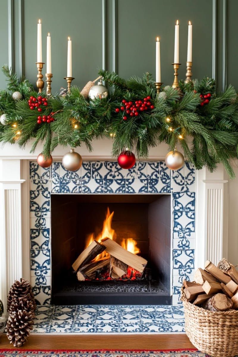 25. Seasonal greenery and berries along fireplace tile - photo 2