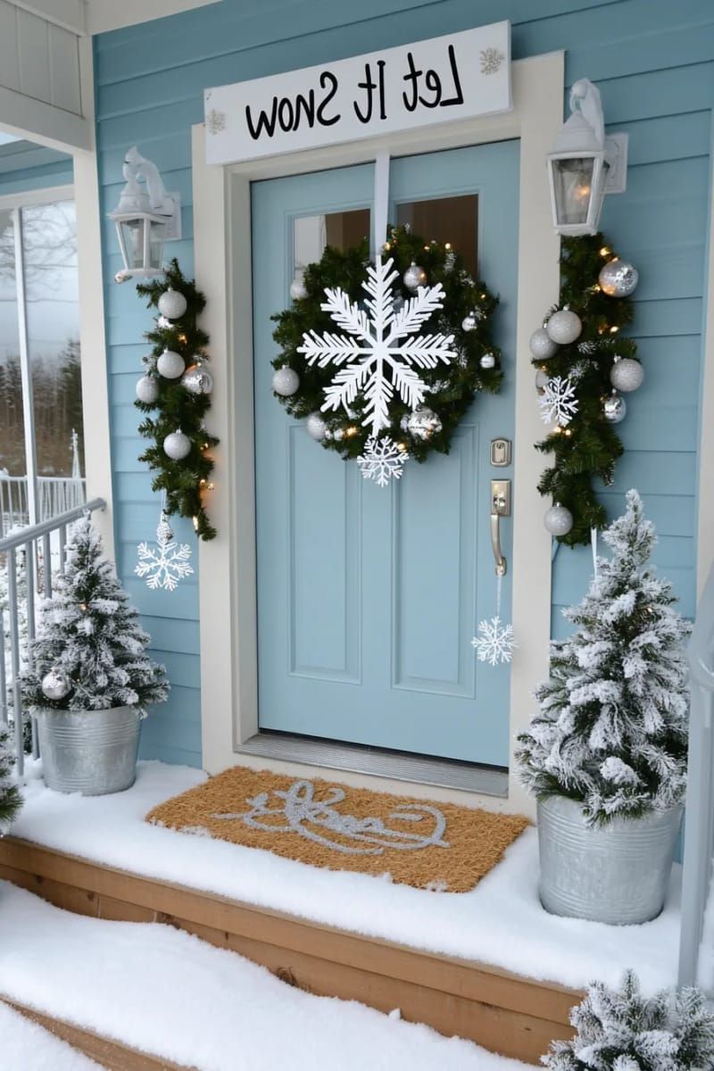 23. Let It Snow Display with Snowflakes and Mesh Garland
