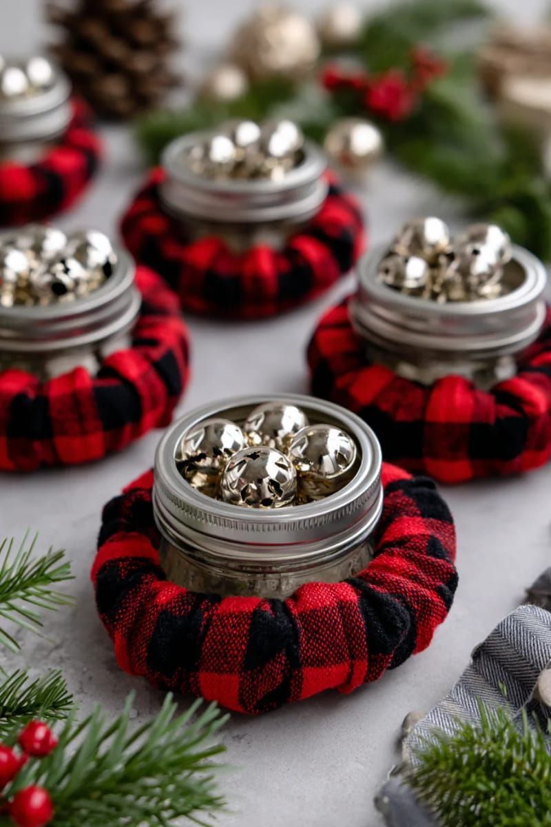 7. Wreaths made from mason jar lids adorned with plaid fabric and small bells - photo 2