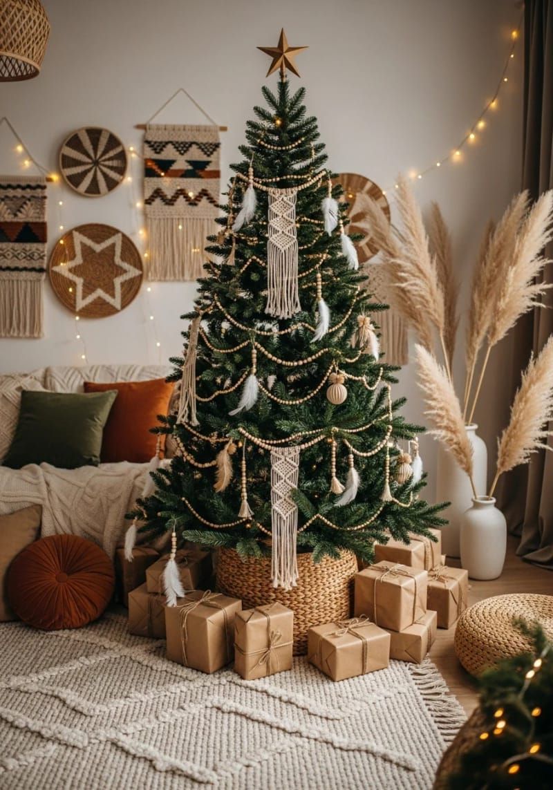 12. Boho tree with macrame, feathers, and wood beads