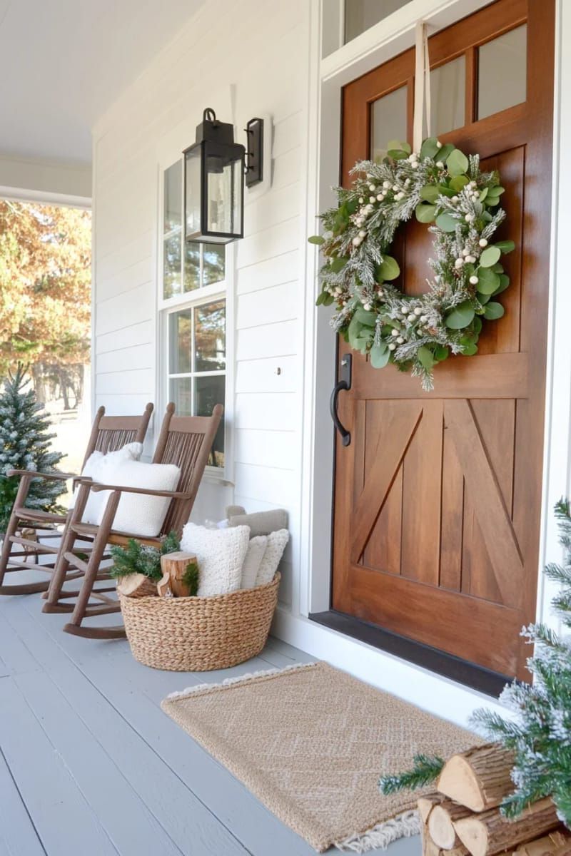8. Modern neutral wreath with eucalyptus, pine, and white berries on front door - photo 2