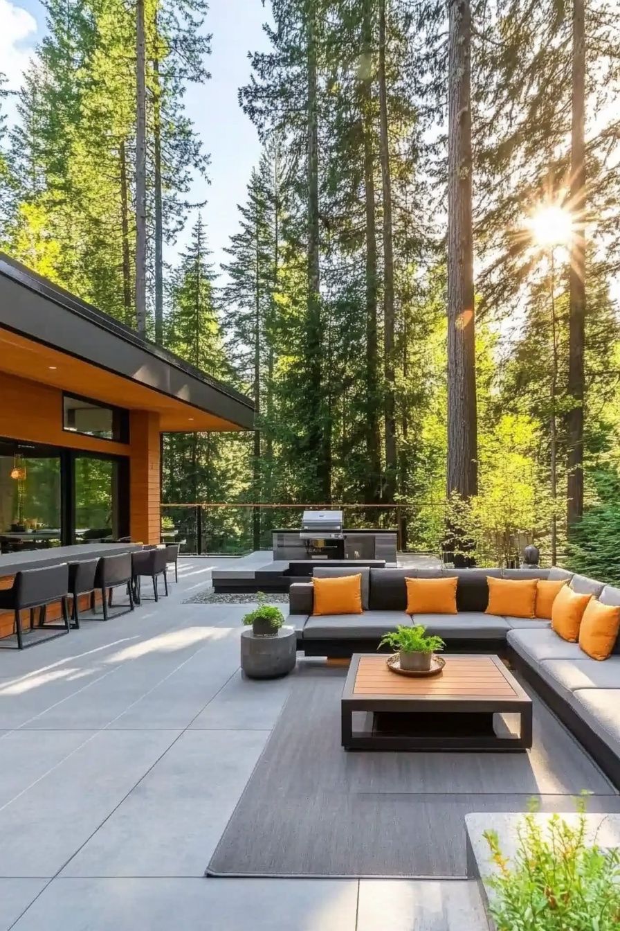 9. Vibrant Accents in a Forest Patio